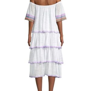 White and Purple Trim Off-Shoulder Tiered Dress